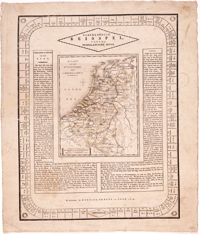 Board game 'Vaderlandsch travel game for Dutch youth' / Bordspel 'Vaderlandsch reisspel voor de Nederlandsche jeugd' circa 1819.