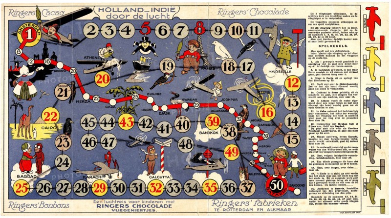 Board game 'Holland - India by air. An air trip for children with Ringers Chocolate flyers' /  Bordspel 'Holland - Indië door de lucht. Een luchtreis voor kinderen met Ringers Chocolade vliegeniertjes'  circa 1935.