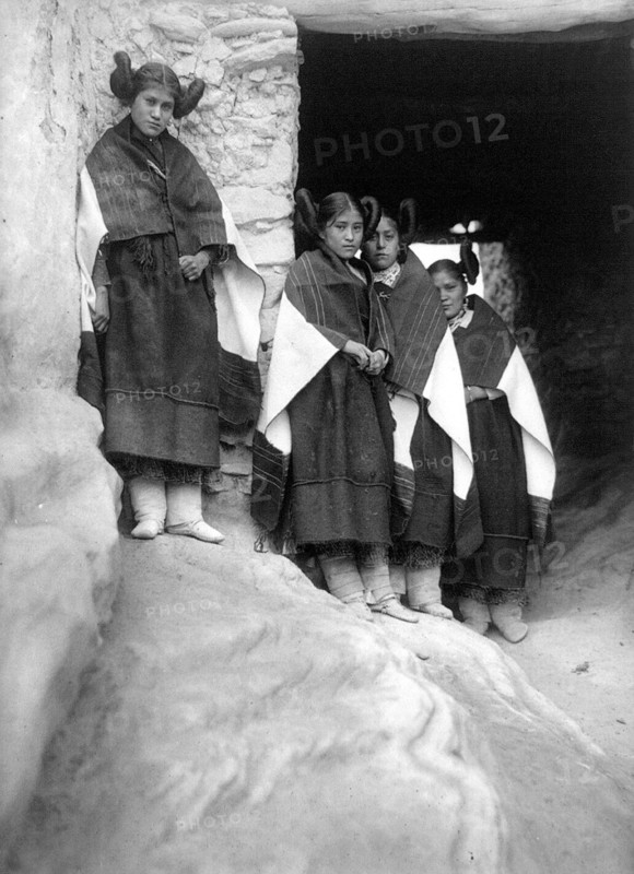 Edward S. Curtis Native American Indians - Walpi maidens--Hopi with unique hair fashion circa 1906.
