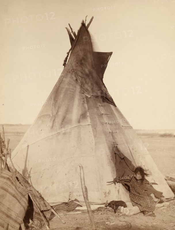 A young Oglala girl sitting in front of a tipi, with a puppy beside her, probably on or near Pine Ridge Reservation 1891.