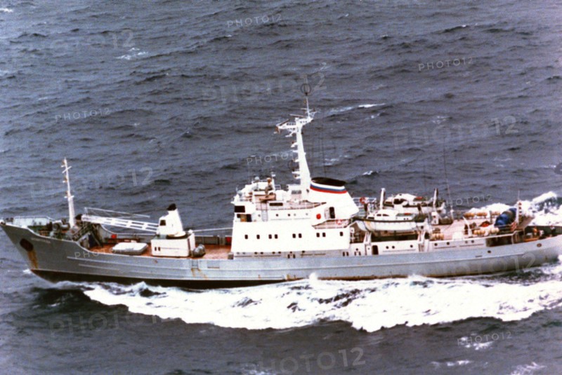 1995 -  Aerial port side view of a Russian Pacific Fleet Moma class hydrographic survey ship..