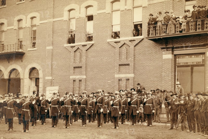 Deadwood. Grand Lodge I.O.O.F. of the Dakotas, resting in front of City Hall after the Grand Parade, May 21, 1890 .