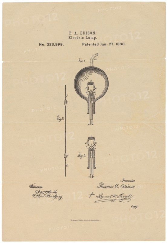 This is the printed patent drawing for the incandescent light bulb invented by Thomas A. Edison. 1880.