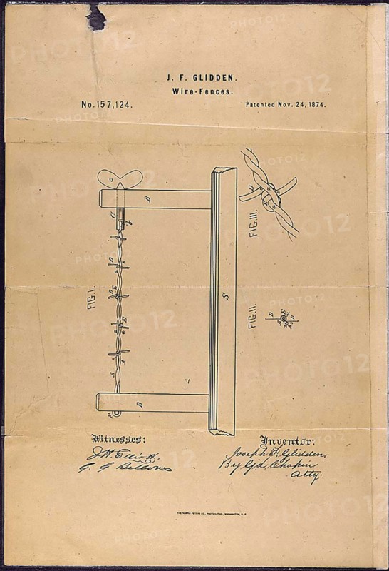 Patent Drawing for Joseph F. Glidden's Improvement to Barbed Wire 1874 .