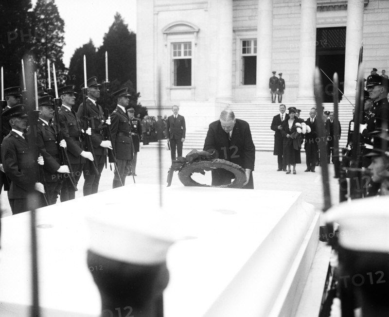Herbert Hoover placing wreath at Tomb of Unknown Soldier, Arlington National Cemetery circa 1931.