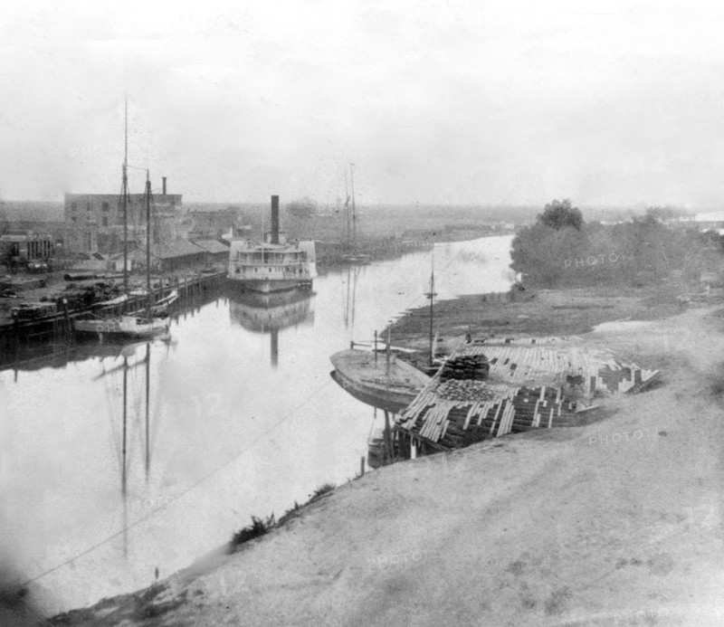 California History - The Channel, from the St. Charles Hotel, Stockton, San Joaquin County circa 1866.