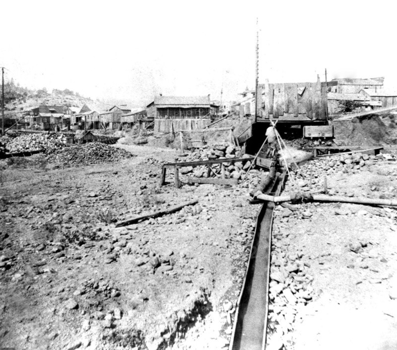 California History - Placer Mining at Volcano, Amador County - the Dump and Sluice circa 1866.