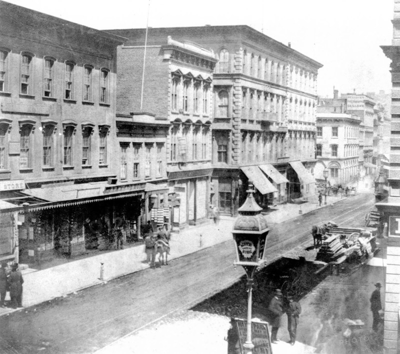 California History - Montgomery Street, west side from Pine to Calif., Odd Fellows Hall, San Francisco circa 1866.