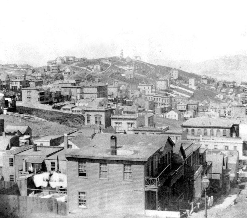 California History - Russian Hill from corner of Mason and Sacramento, San Francisco circa 1866.