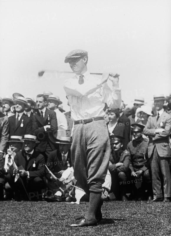 Champion Golfer Charles 'Chick' Evans on the golf course circa 1918.