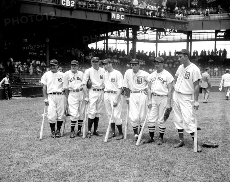 1937 Major League Baseball All-Star Game with featured hitters Left to right: Lou Gehrig, Joe Cronin, Bill Dickey, Joe DiMaggio, Charley Gehringer, Jimmie Foxx, and Hank Greenberg circa July 7 1937.