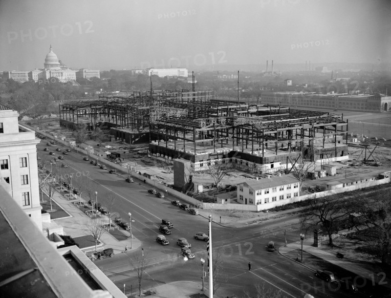 Construction of the new National Gallery of Art, a gift of the late Andrew Mellon to the United Stated Government circa 1938.