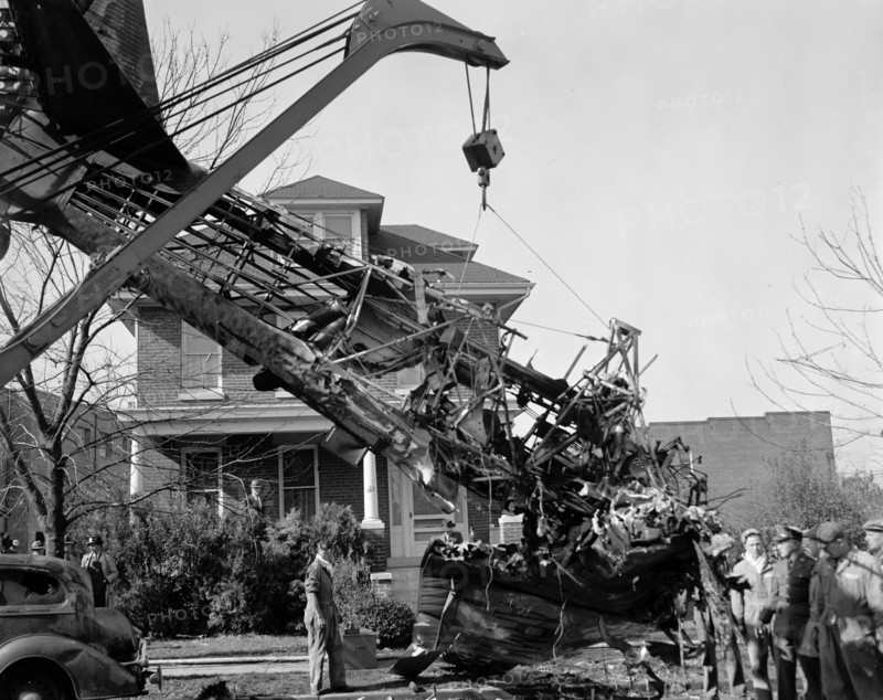 Plane crash in the street in Anacostia, a short distance from Bolling Field circa 1938.