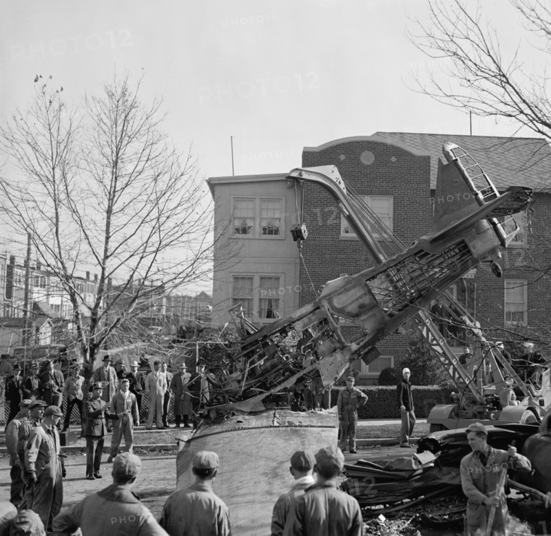 Plane crash in the street in Anacostia, a short distance from Bolling Field circa 1938.