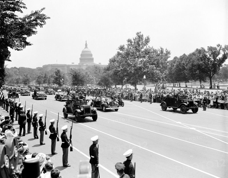 King and Queen of England (Great Britain) in an automobile visiting Washington D.C. circa 1938 or 1939 .
