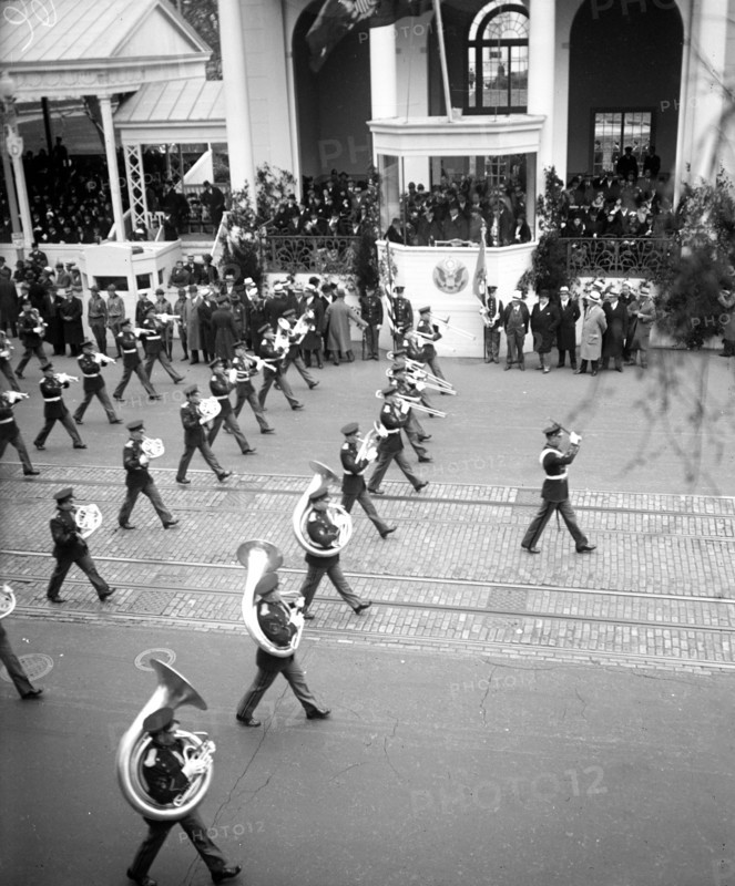 Franklin D. Roosevelt - Franklin D. Roosevelt inauguration. Parade and presidential viewing stand. Washington, D.C. Band passing review stand circa March 4, 1933.