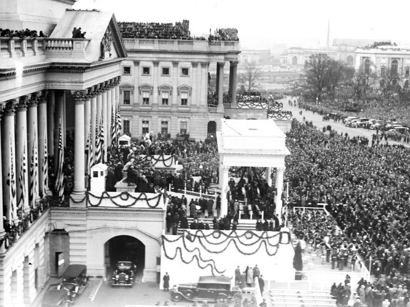 Franklin D. Roosevelt - Inauguration of Franklin D. Roosevelt. Podium at U.S. Capitol, Washington, D.C. circa March 4, 1933.