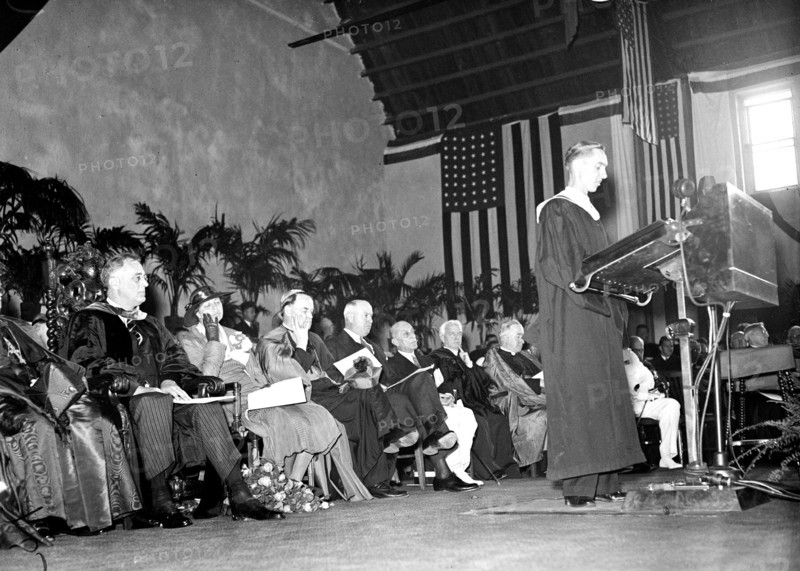 Franklin D. Roosevelt - President Roosevelt at Catholic University, Washington, D.C. (sitting) circa 1933.