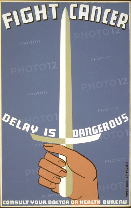 Fight cancer - delay is dangerous Consult your doctor or health bureau circa 1938.