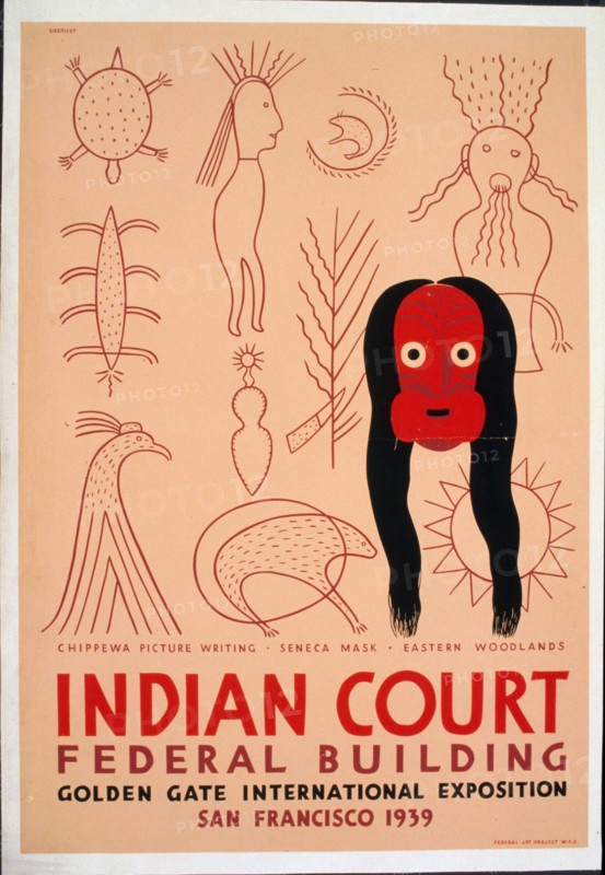 Indian court, Federal Building, Golden Gate International Exposition, San Francisco, 1939 Chippewa picture writing, Seneca mask, Eastern woodlands circa 1939.