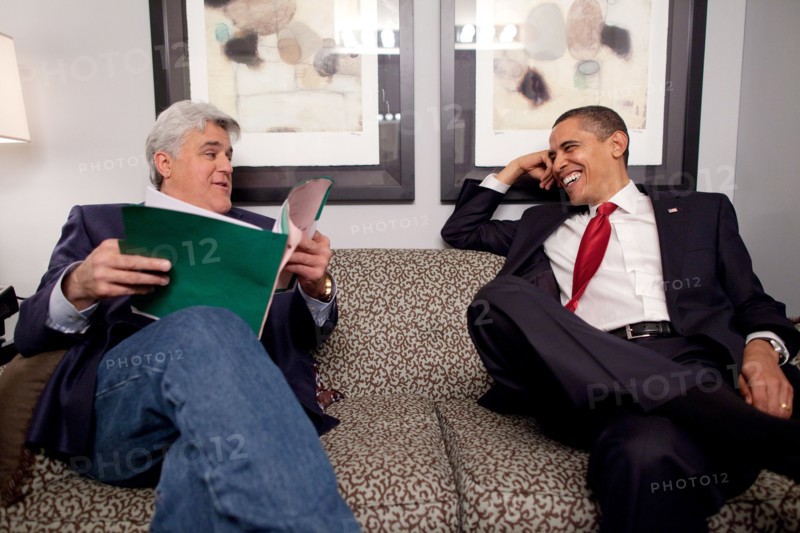 President Barack Obama shares a moment with Jay Leno off set of the Tonight Show at NBC Studios, Burbank, California 3/19/09..