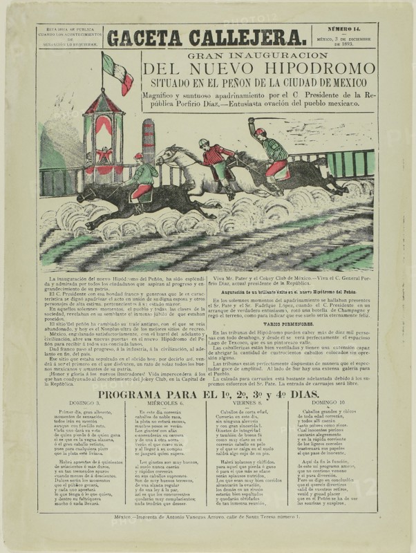 1893 Art Work -  The Street Gazette: Grand Inauguration of the New Racetrack Situated on Penon Hill in Mexico City - Jose Guadalupe Posada.