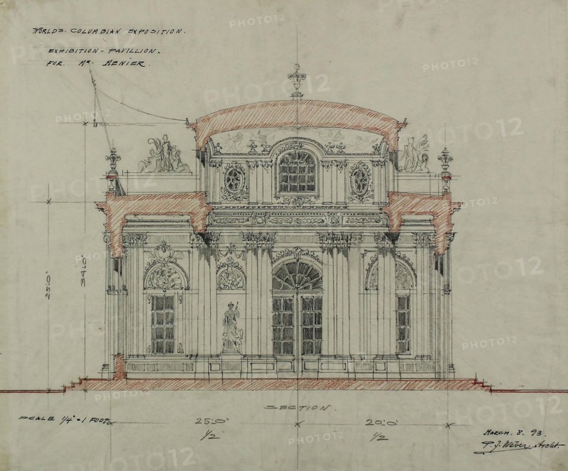 1893 Art Work -  Chocolate-Menier Pavilion; World's Colombian Exposition; Chicago; Illinois; Section Sketch Peter Joseph Weber (Architect).
