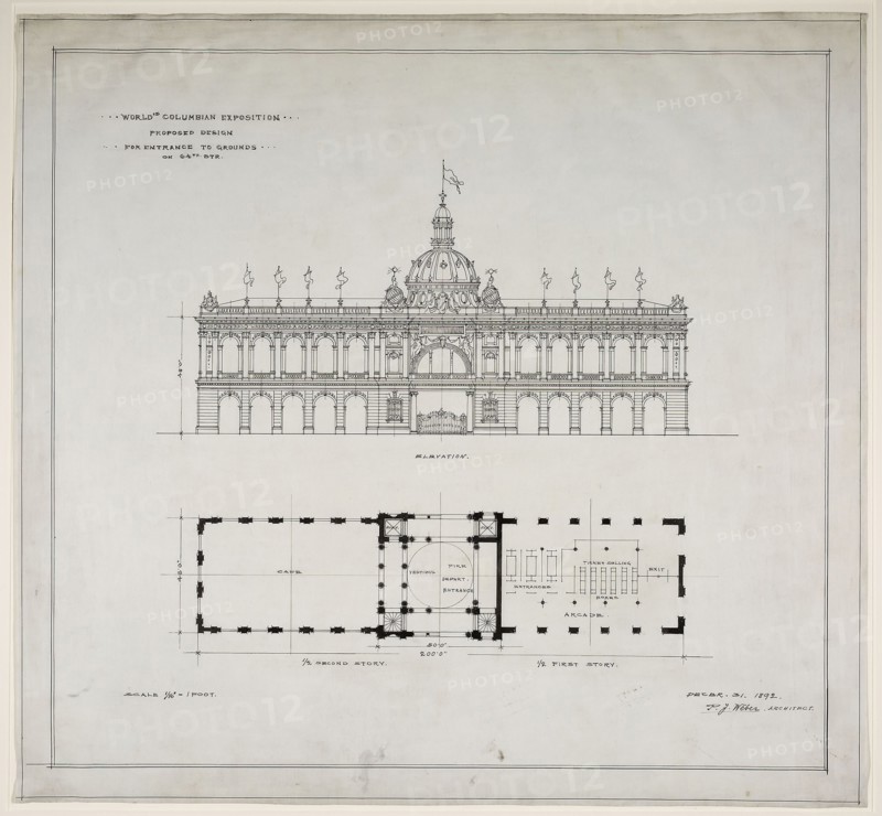 1892 Art Work -  World's Colombian Exposition 64th Street Entrance; Chicago; Illinois; Plan and Elevation Peter Joseph Weber (Architect).