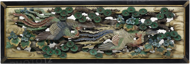 1893 Art Work -  Two carved wooden transoms (ramma) panels from the Hooden Takamura Koun.