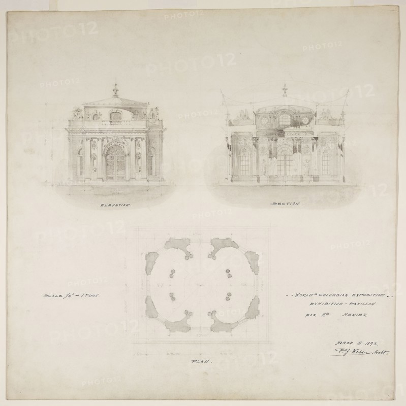 1893 Art Work -  World's Colombian Exposition Chocolate-Menier Pavilion; Chicago; Illinois; Plan; Elevation; and Section Peter Joseph Weber (Architect).