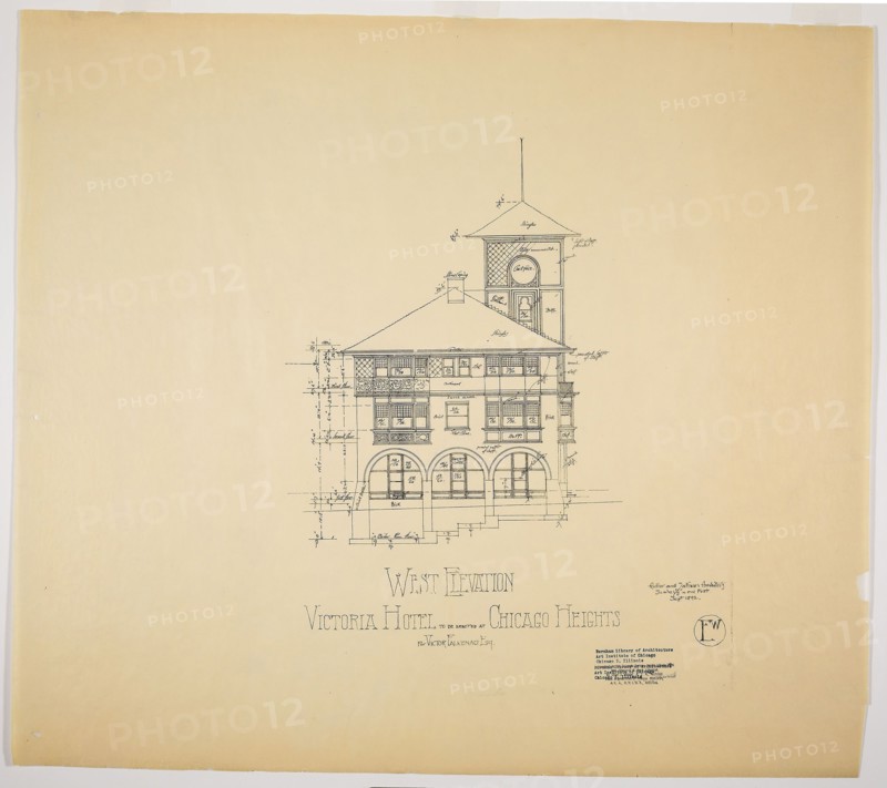 1892 Art Work -  Victoria Hotel; Chicago Heights; Illinois; West Elevation Adler & Sullivan; Architects (Architect).