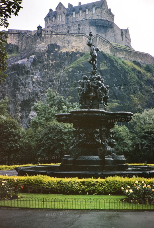 West Princes Street Gardens, Ross Fountain in the foreground and Edinburgh Castle in background circa August 1973.