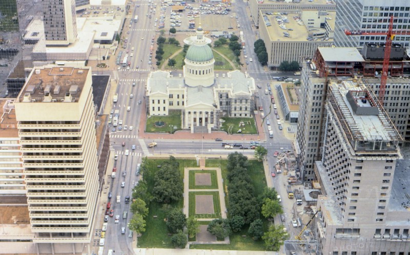 View of downtown St. Louis from the Gateway Arch circa 1985.
