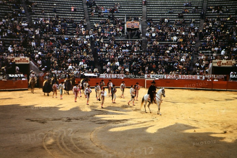 Parade of the bull fighters at the beginning of a bull fight in Mexico circa 1950-1955.