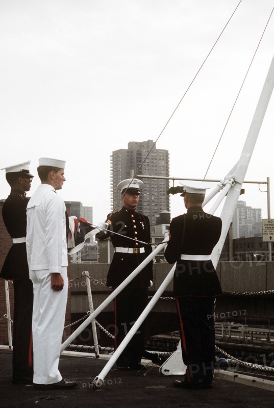 Raising the colors aboard the USS IWO JIMA