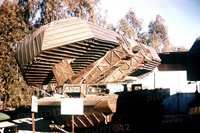 1974 - A left front view of a Soviet-built GSP heavy amphibious ferry with its pontoon partially deployed.