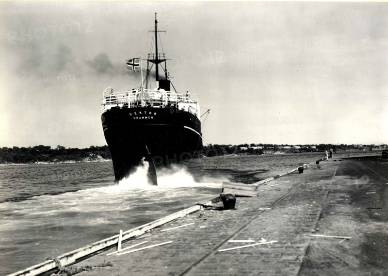 the SS Hektor from Norway leaving the Providence Municipal wharf in Rhode Island. 1937.