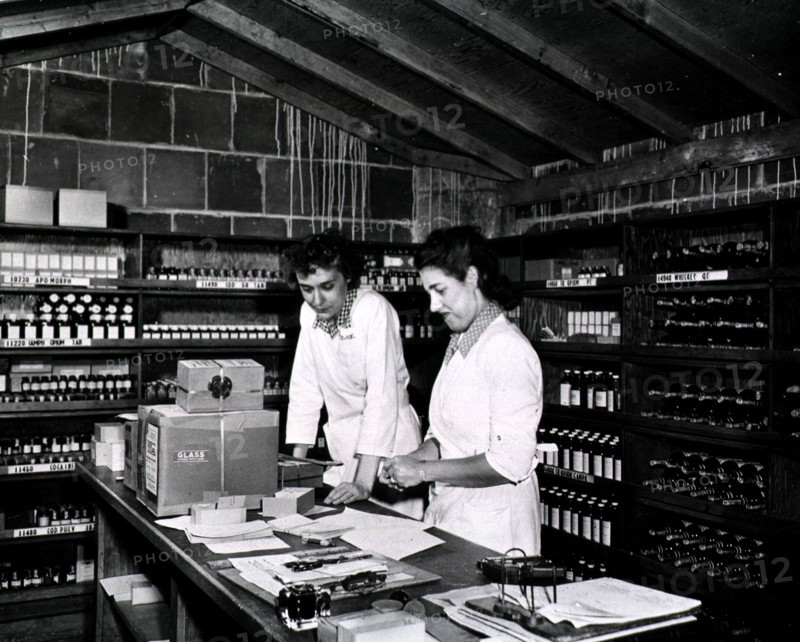 Interior view of an unspecified Army pharmacy 1940s.