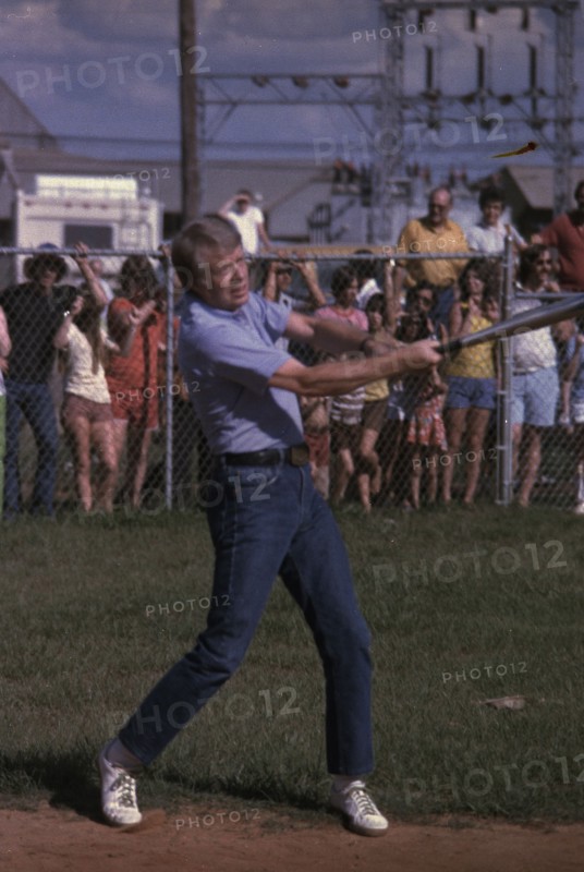 Jimmy Carter at bat during a softball game in Plains GA