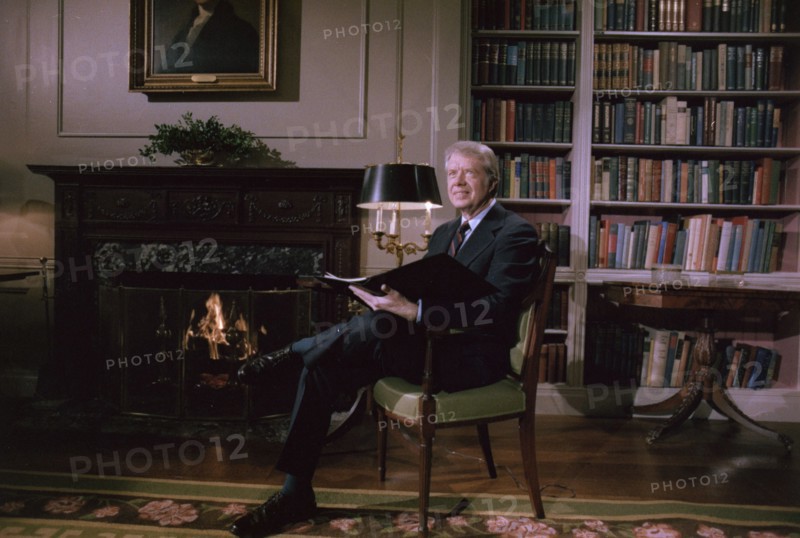 Jimmy Carter delivers his Fireside Chat from the library in the White House.