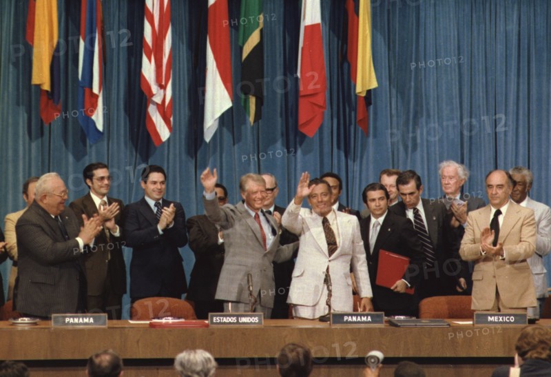 Jimmy Carter and Omar Torrijos at the signing of the Panama Canal Treaty.
