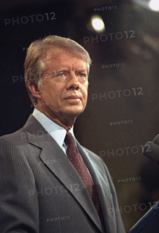 Jimmy Carter at the podium during a press conference