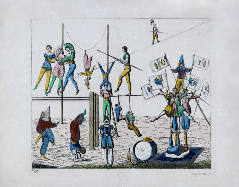 Drawing of various circus acts performing ca. 1800s