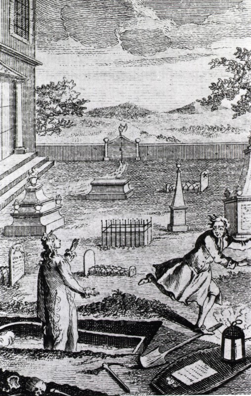 Grave robber flees from a corpse that has come to life ca. 1746