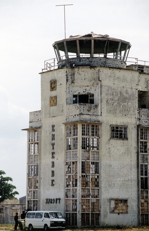 Bullet marked control tower at Entebbe International Airport