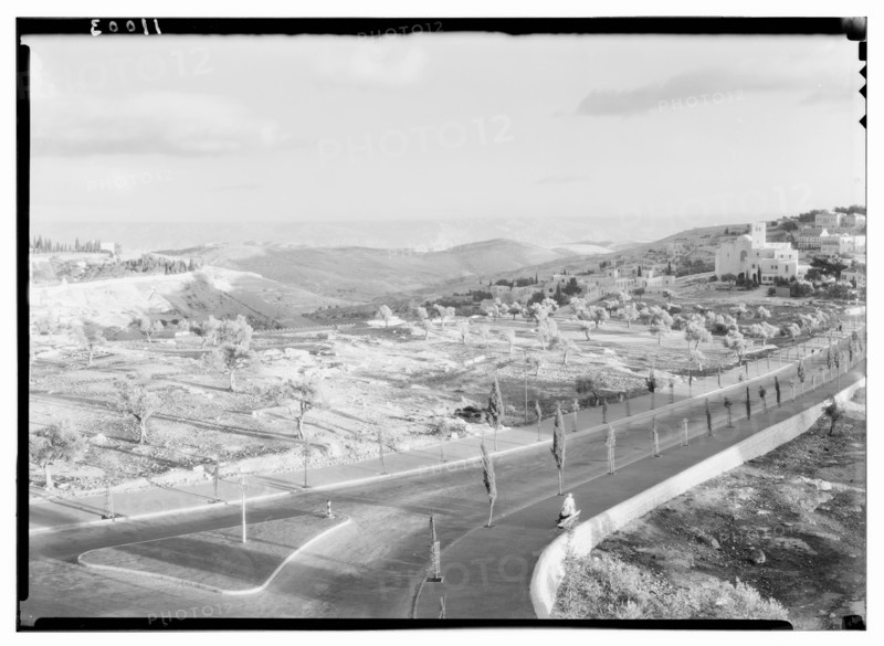 Jerusalem, scene from press bureau in David Building with evening light on Moab ca. between 1934 and 1939