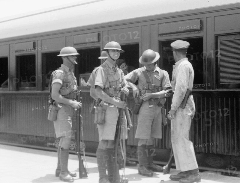 British troops on guard at Lydda Israel train station during the Palestine disturbances of 1936