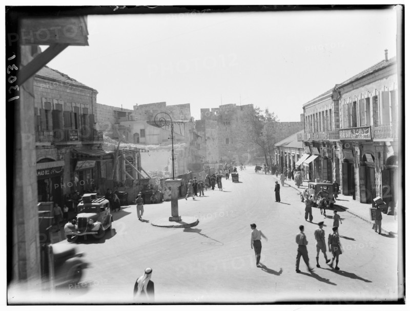 Demolition at Jaffa Gate in Jerusalem to clear city wall and typical street scene  July 1944