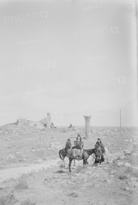 Men on horseback among ruins at Amman, Jordan ca. between 1898 and 1946