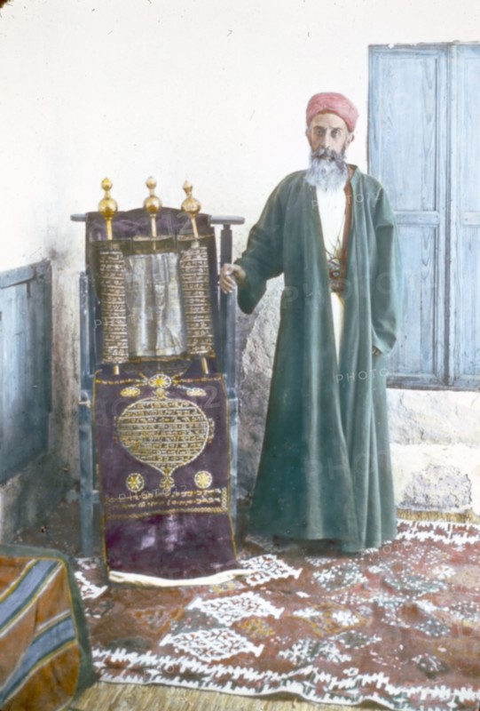 Color photo of a Samaritan High Priest and ancient scroll ca. between 1950 and 1977